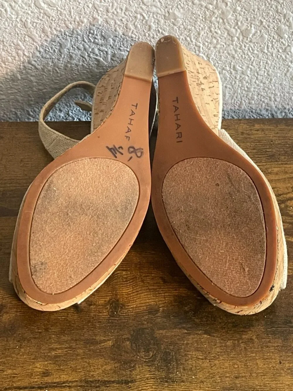 Tahari Woven Cork Wedges – Neutral Peep Toe – Size 9 (Light Wear)
